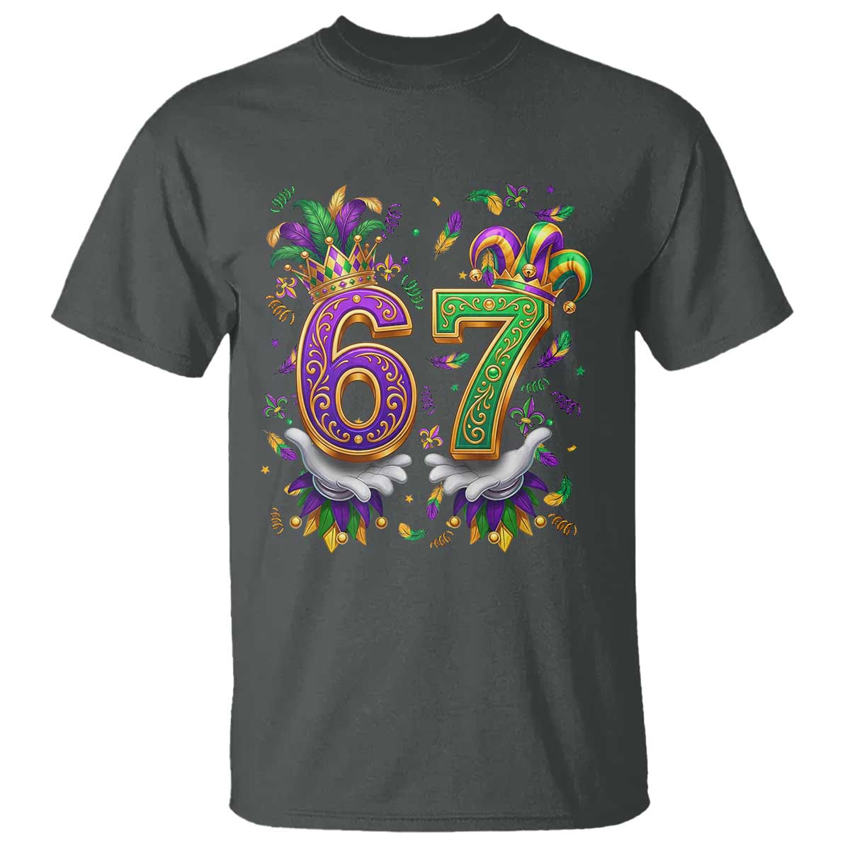 Funny 67 Mardi Gras T Shirt Six Seven Meme Carnival Hand Gesture TS11 Dark Heather Print Your Wear