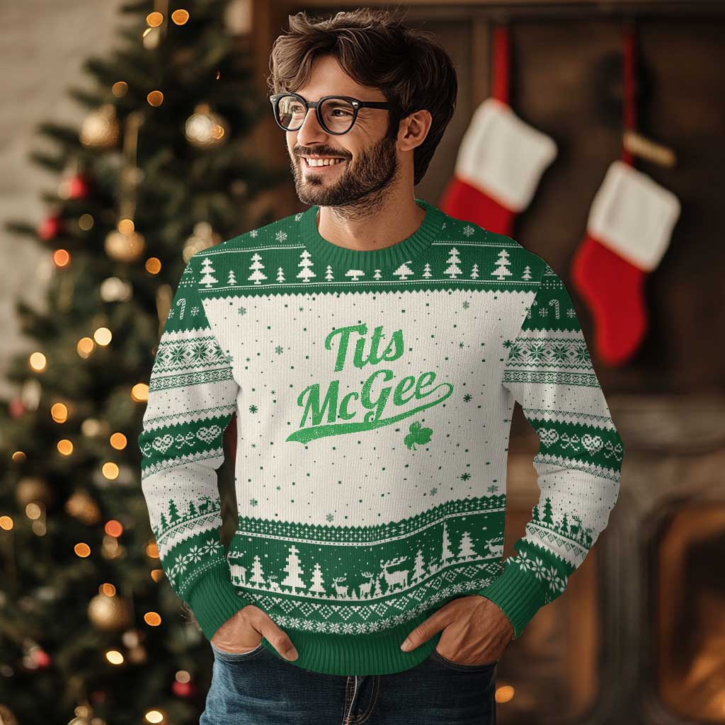 Tits McGee Ugly Christmas Sweater Funny Womens St Patricks Day Vintage Shamrocks TS11 Beige Green Print Your Wear