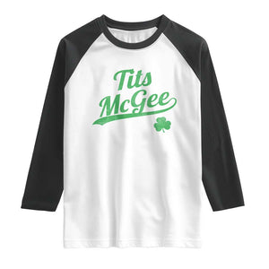Tits McGee Raglan Shirt Funny Womens St Patricks Day Vintage Shamrocks TS11 White Black Print Your Wear