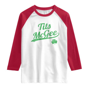 Tits McGee Raglan Shirt Funny Womens St Patricks Day Vintage Shamrocks TS11 White Red Print Your Wear