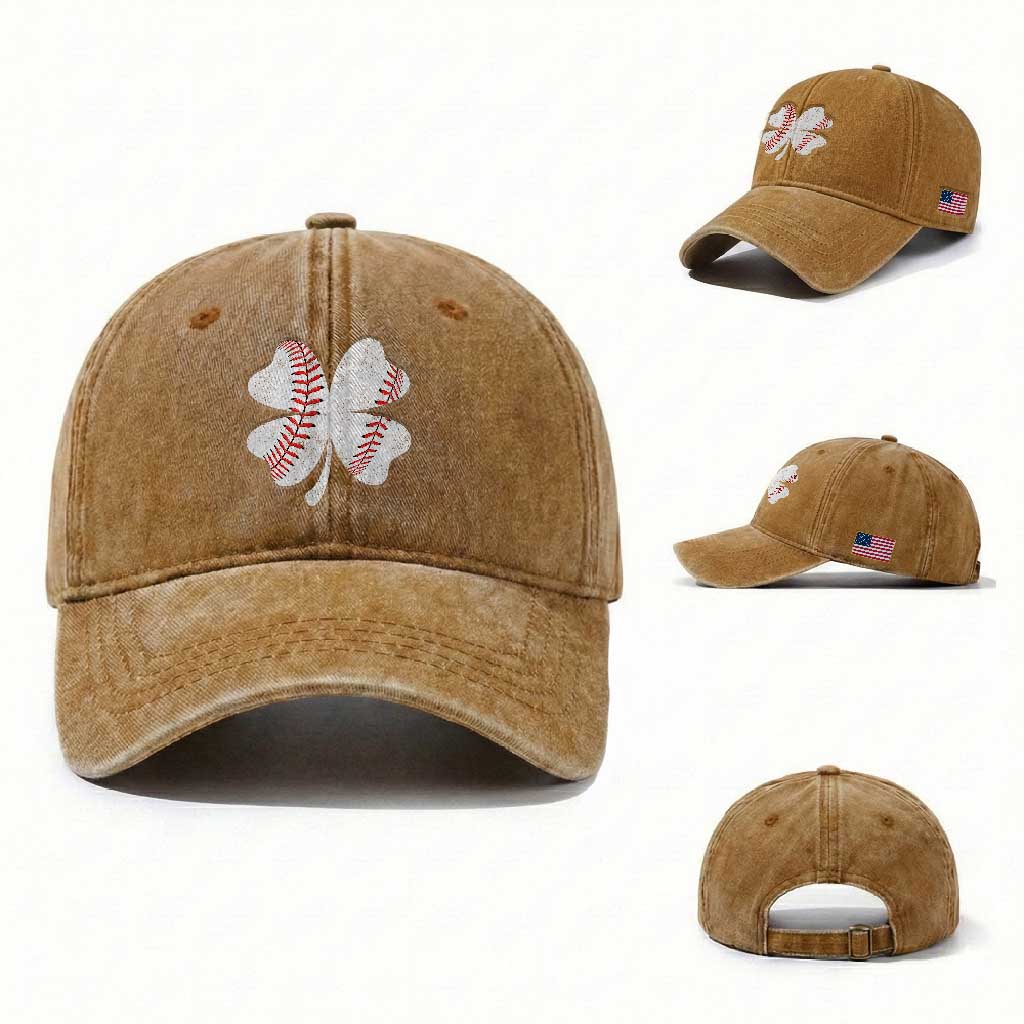 Funny Baseball St Patricks Day Vintage Clover Washed Cotton Baseball Cap TS11 Washed Cap Universal Fit Yellow Ochre Print Your Wear