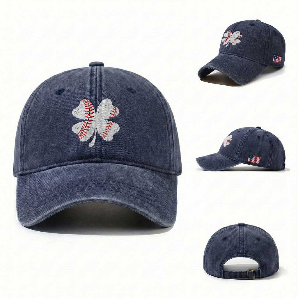 Funny Baseball St Patricks Day Vintage Clover Washed Cotton Baseball Cap TS11 Washed Cap Universal Fit Navy Print Your Wear