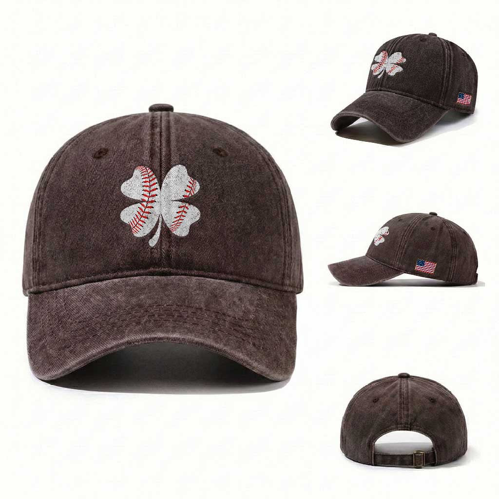 Funny Baseball St Patricks Day Vintage Clover Washed Cotton Baseball Cap TS11 Washed Cap Universal Fit Dark Brown Print Your Wear