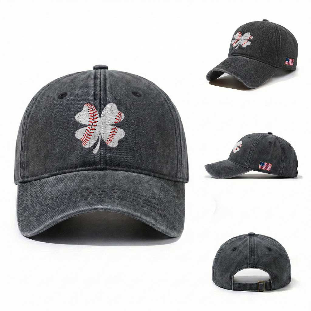 Funny Baseball St Patricks Day Vintage Clover Washed Cotton Baseball Cap TS11 Washed Cap Universal Fit Dark Gray Print Your Wear