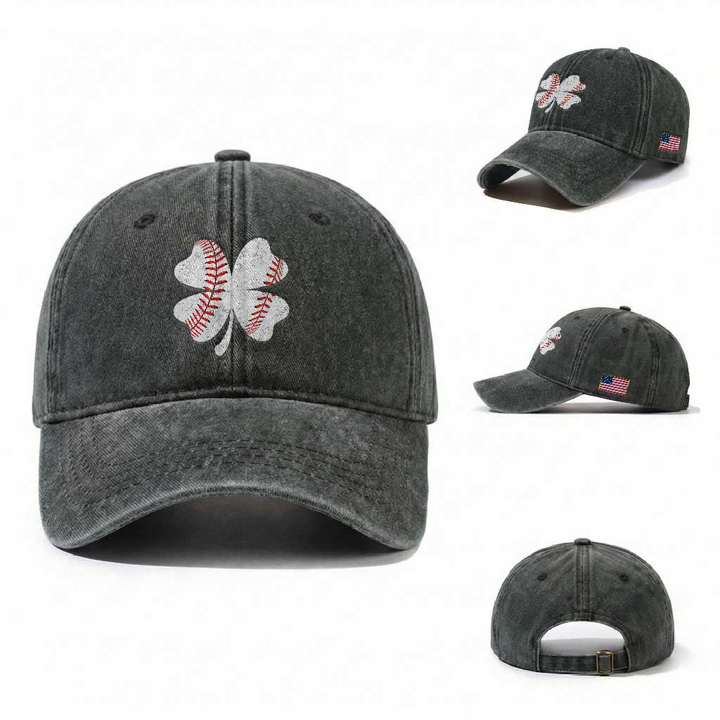 Funny Baseball St Patricks Day Vintage Clover Washed Cotton Baseball Cap TS11 Washed Cap Universal Fit Dark Green Print Your Wear