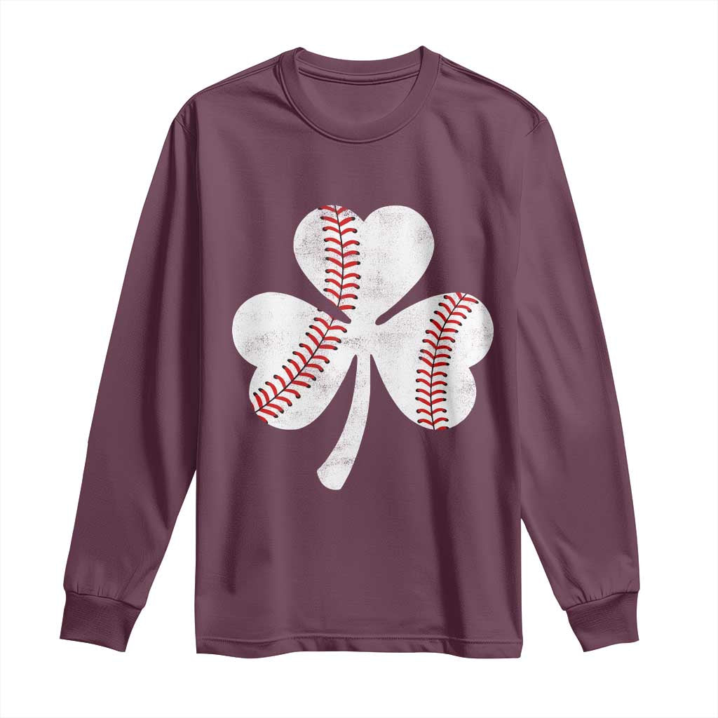 Funny Baseball St Patricks Day Distressed Shamrock Long Sleeve Shirt TS11 Maroon Print Your Wear
