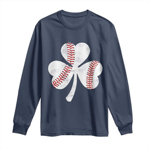 Funny Baseball St Patricks Day Distressed Shamrock Long Sleeve Shirt TS11 Navy Print Your Wear