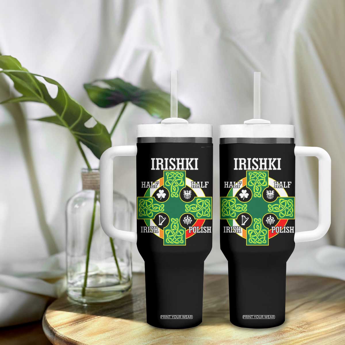 Irishki Half Irish Half Polish Tumbler With Handle Celtic Cross St Patricks TS11 Print Your Wear