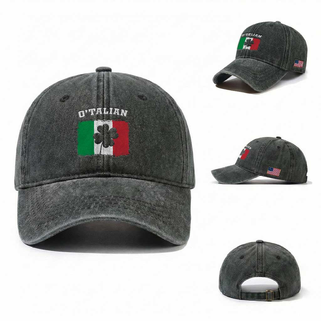 Funny Irish Italian St. Patrick's Day O'Talian Washed Cotton Baseball Cap TS11 Washed Cap Universal Fit Dark Green Print Your Wear