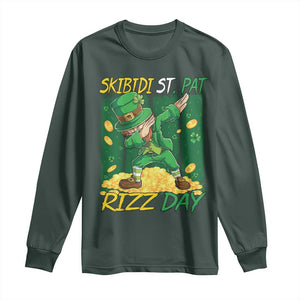 Funny Skibidi St Pat Rizz Day Long Sleeve Shirt Dabbing Leprechaun Shamrock Coin TS11 Dark Forest Green Print Your Wear