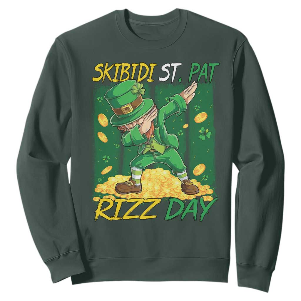 Funny Skibidi St Pat Rizz Day Sweatshirt Dabbing Leprechaun Shamrock Coin TS11 Dark Forest Green Print Your Wear