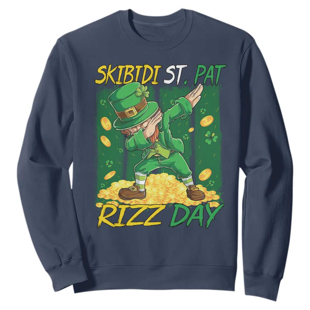 Funny Skibidi St Pat Rizz Day Sweatshirt Dabbing Leprechaun Shamrock Coin TS11 Navy Print Your Wear
