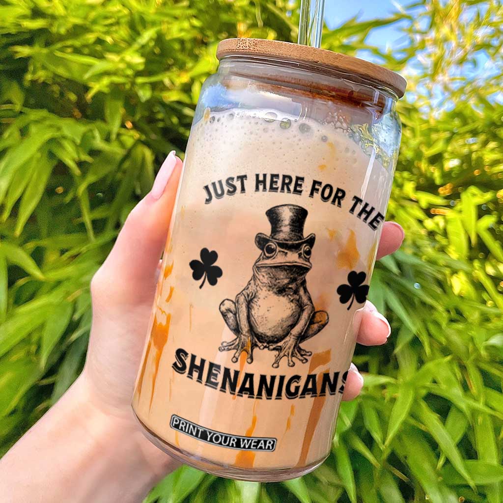 Funny St Patrick's Day Just Here For The Shenanigans Glass Can Frog Shamrock TS11 White Print Your Wear