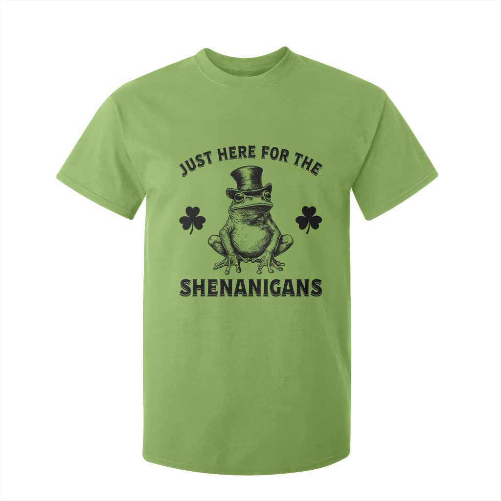 Funny St Patrick's Day Just Here For The Shenanigans T Shirt For Kid Frog Shamrock TS11 Lime Print Your Wear