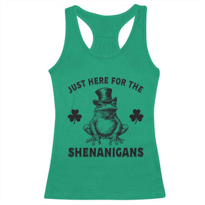 Funny St Patrick's Day Just Here For The Shenanigans Racerback Tank Top Frog Shamrock TS11 Irish Green Print Your Wear