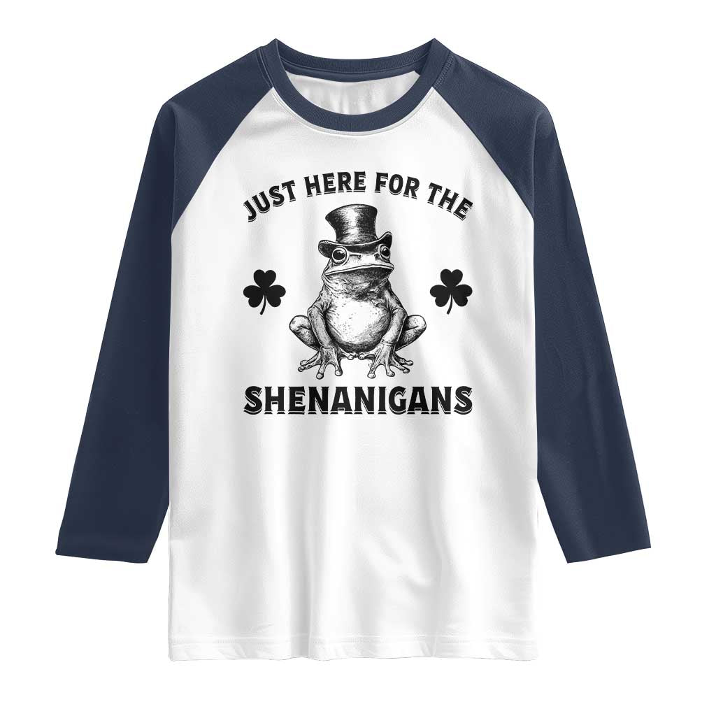 Funny St Patrick's Day Just Here For The Shenanigans Raglan Shirt Frog Shamrock TS11 White Navy Print Your Wear