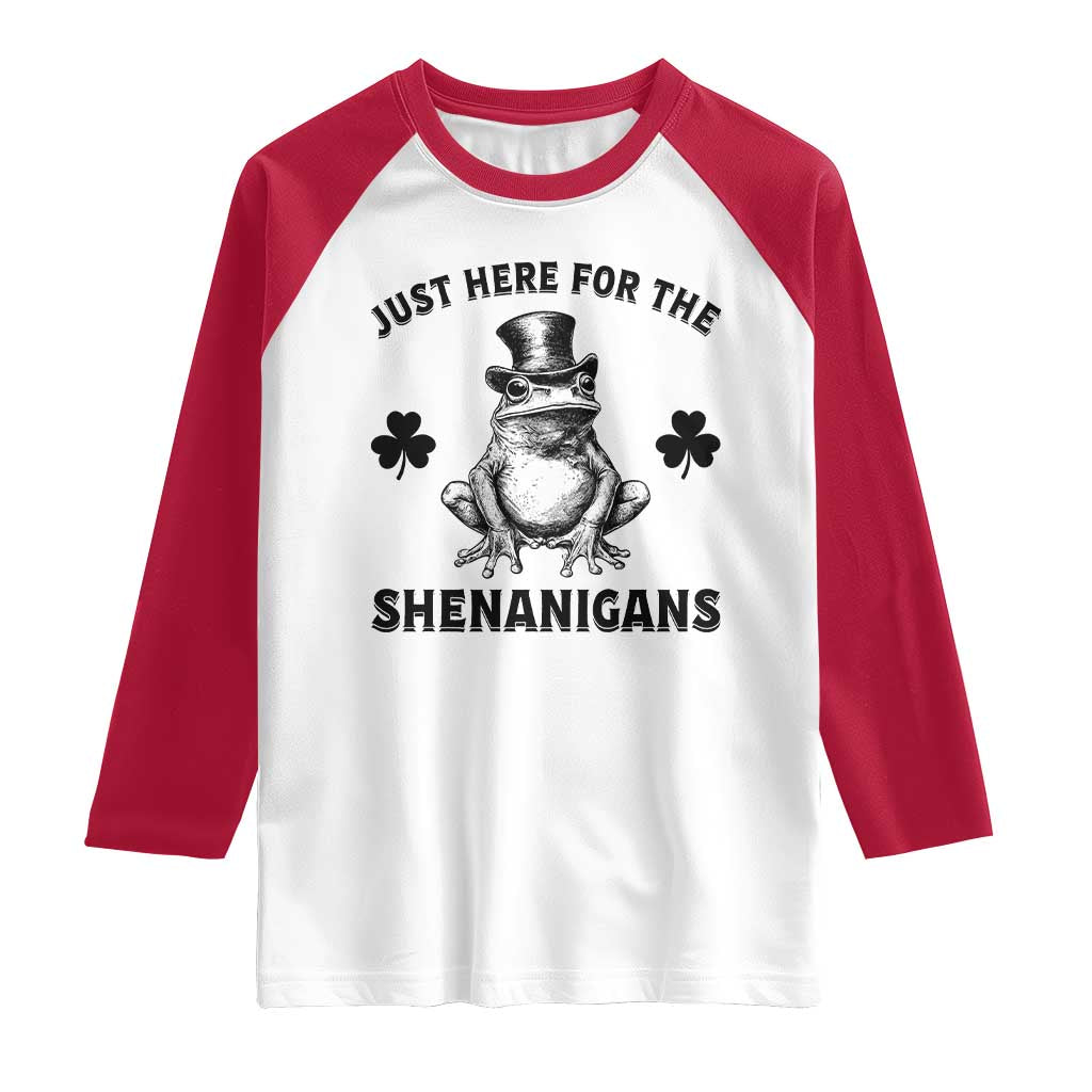 Funny St Patrick's Day Just Here For The Shenanigans Raglan Shirt Frog Shamrock TS11 White Red Print Your Wear