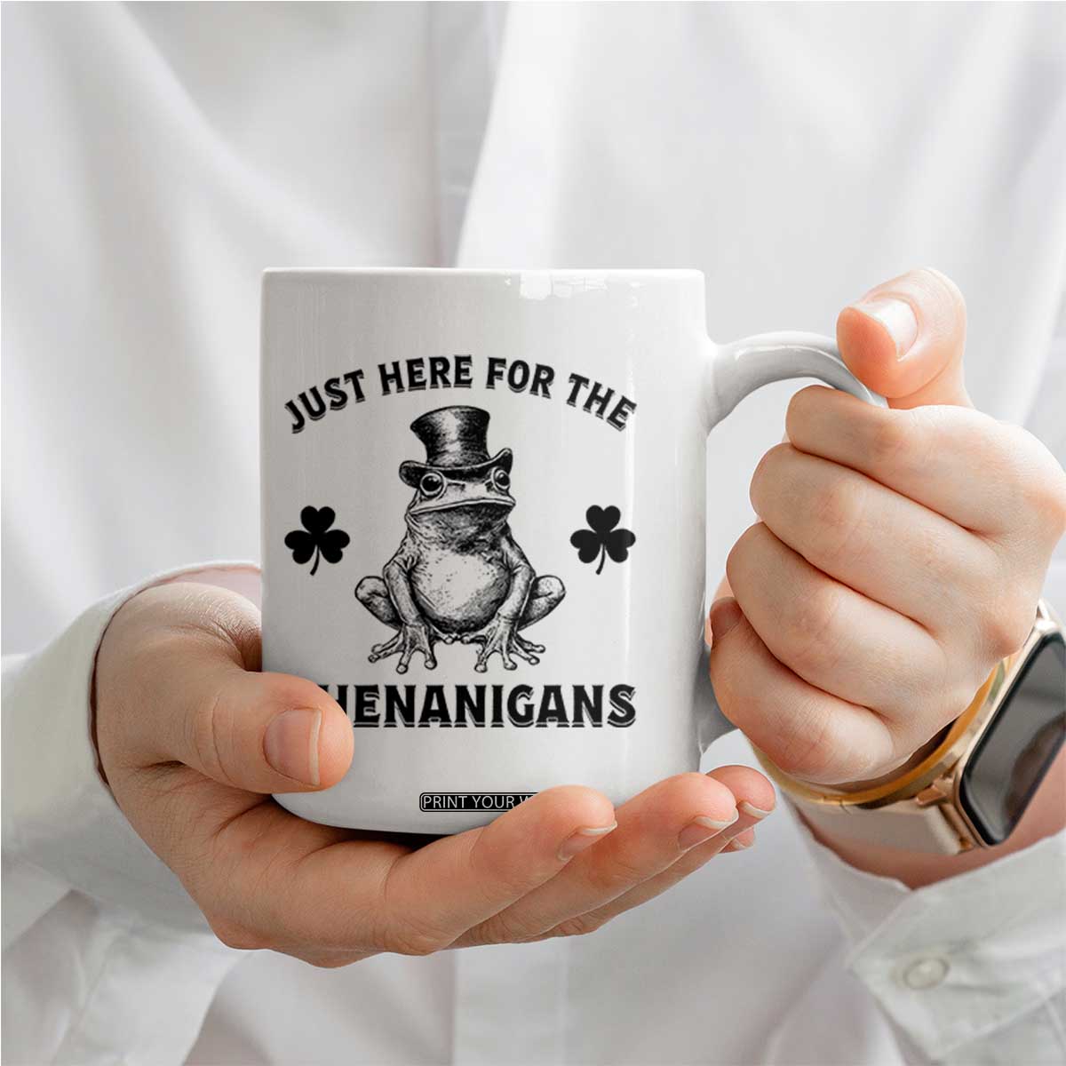 Funny St Patrick's Day Just Here For The Shenanigans Coffee Mug Frog Shamrock TS11 Print Your Wear