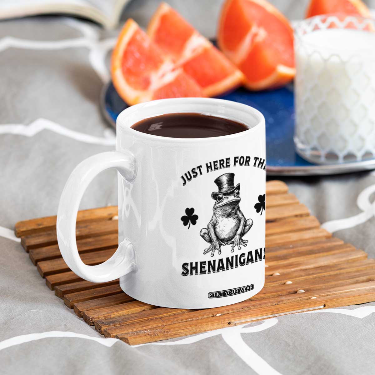 Funny St Patrick's Day Just Here For The Shenanigans Coffee Mug Frog Shamrock TS11 Print Your Wear