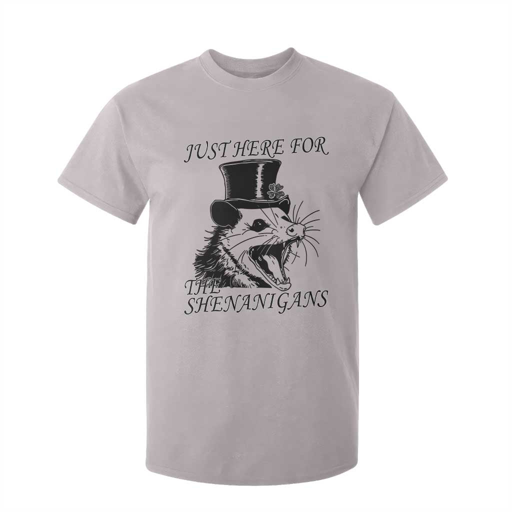 Funny St Patrick's Day Opossum T Shirt For Kid Just Here For The Shenanigans Shamrock TS11 Ice Gray Print Your Wear
