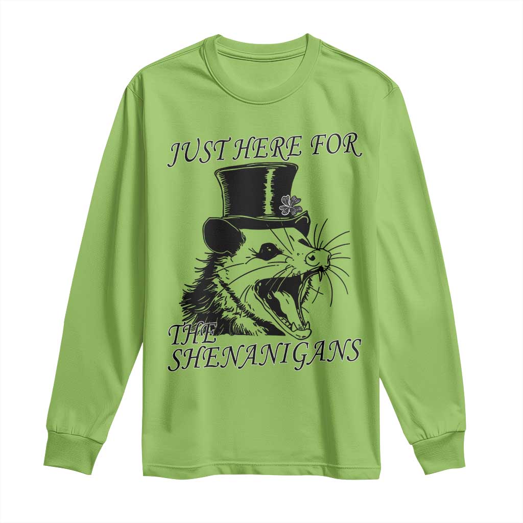 Funny St Patrick's Day Opossum Long Sleeve Shirt Just Here For The Shenanigans Shamrock TS11 Lime Print Your Wear