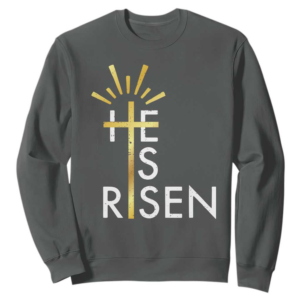 He Is Risen Sweatshirt Christian Easter Day Religious Bible Verse Cross TS11 Dark Heather Print Your Wear