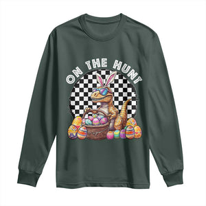 Funny Easter Day Dinosaur Bunny Long Sleeve Shirt On The Hunt Egg Hunting TS11 Dark Forest Green Print Your Wear