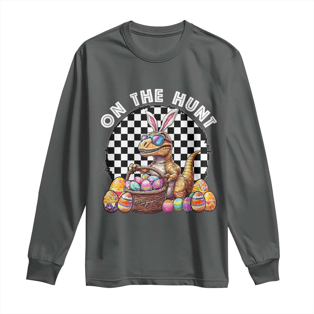 Funny Easter Day Dinosaur Bunny Long Sleeve Shirt On The Hunt Egg Hunting TS11 Dark Heather Print Your Wear