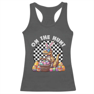 Funny Easter Day Dinosaur Bunny Racerback Tank Top On The Hunt Egg Hunting TS11 Dark Heather Print Your Wear
