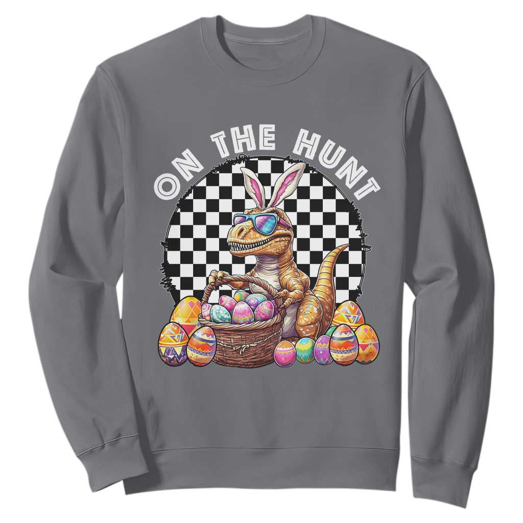 Funny Easter Day Dinosaur Bunny Sweatshirt On The Hunt Egg Hunting TS11 Charcoal Print Your Wear