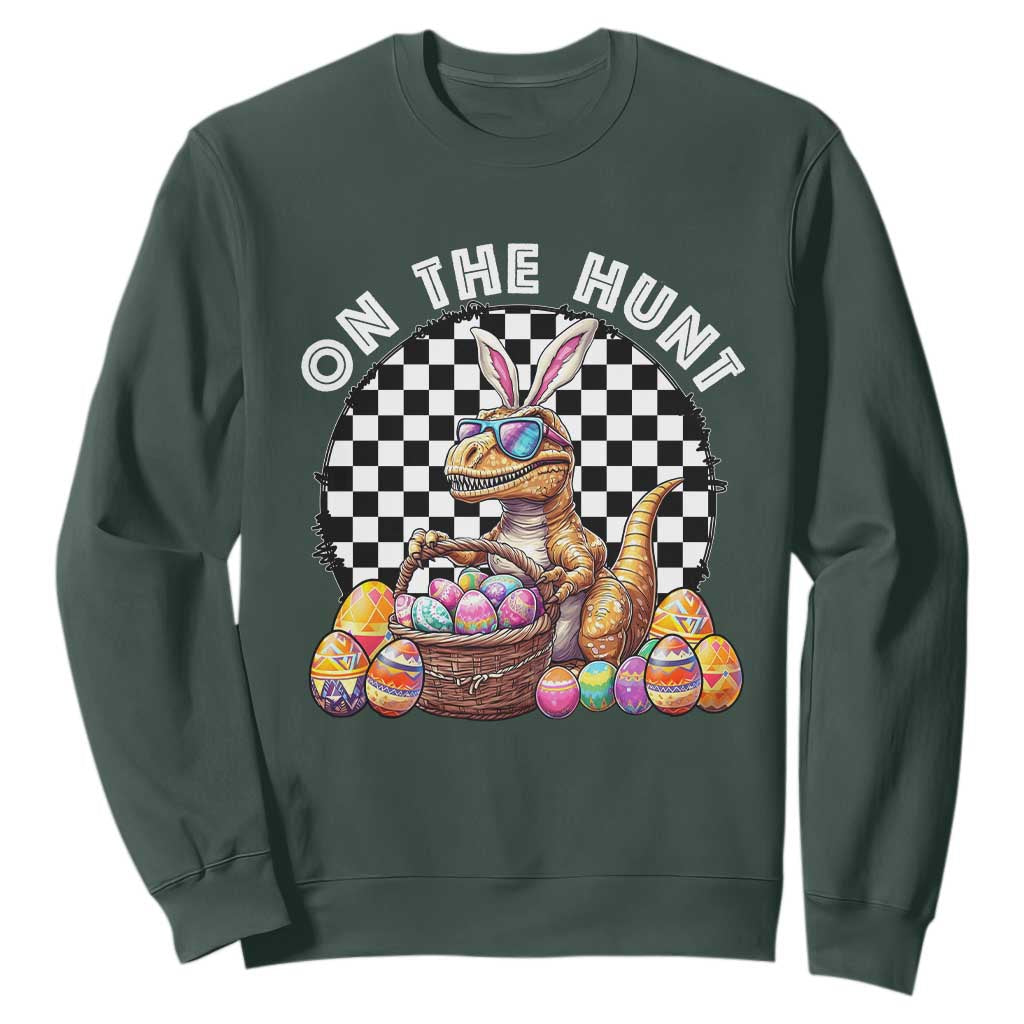 Funny Easter Day Dinosaur Bunny Sweatshirt On The Hunt Egg Hunting TS11 Dark Forest Green Print Your Wear