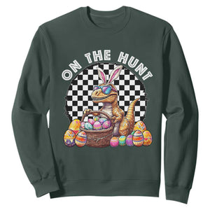Funny Easter Day Dinosaur Bunny Sweatshirt On The Hunt Egg Hunting TS11 Dark Forest Green Print Your Wear