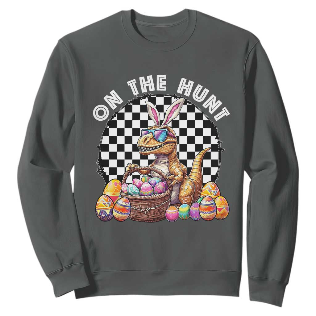Funny Easter Day Dinosaur Bunny Sweatshirt On The Hunt Egg Hunting TS11 Dark Heather Print Your Wear