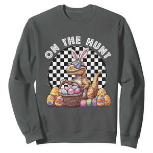 Funny Easter Day Dinosaur Bunny Sweatshirt On The Hunt Egg Hunting TS11 Dark Heather Print Your Wear
