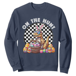 Funny Easter Day Dinosaur Bunny Sweatshirt On The Hunt Egg Hunting TS11 Navy Print Your Wear