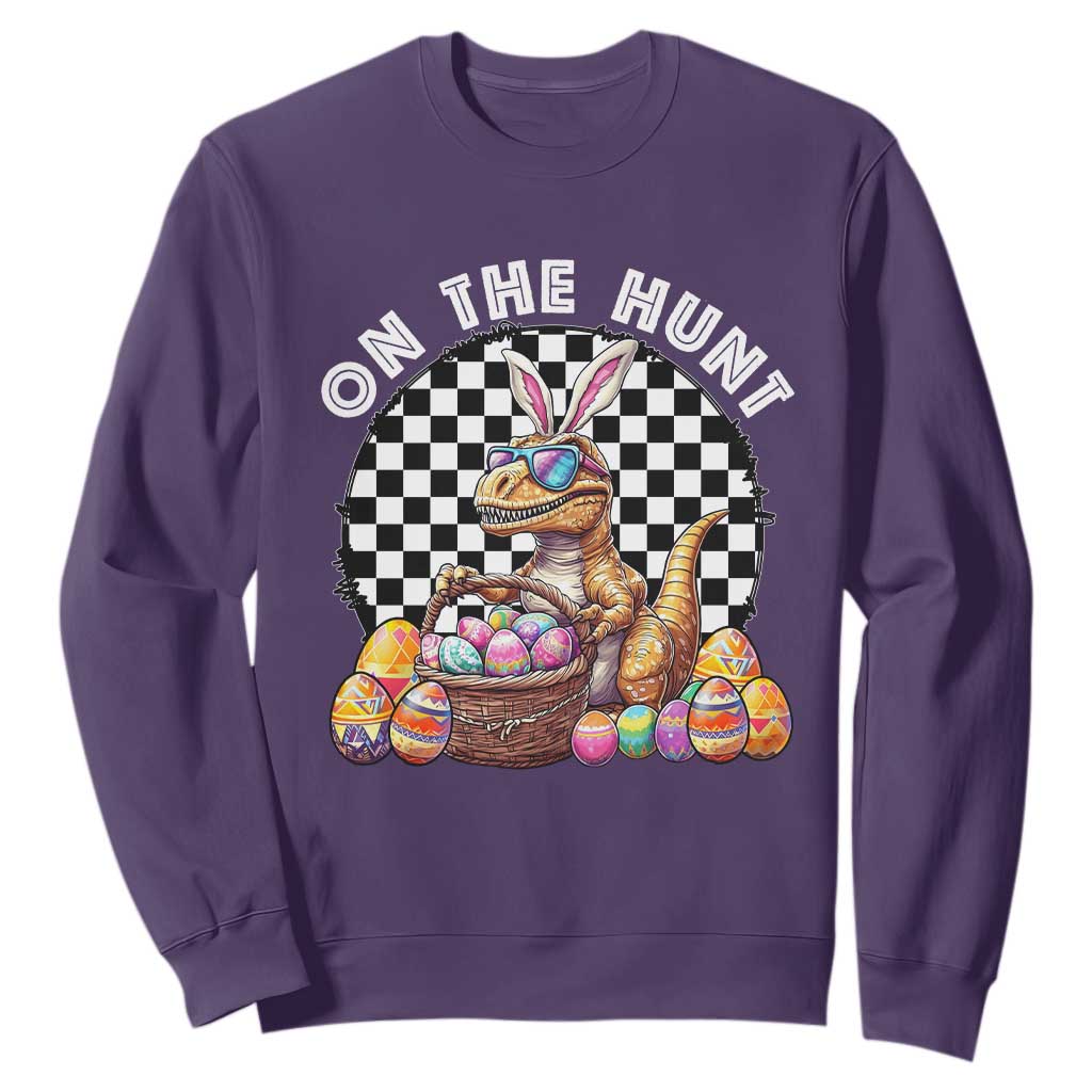 Funny Easter Day Dinosaur Bunny Sweatshirt On The Hunt Egg Hunting TS11 Purple Print Your Wear