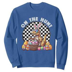 Funny Easter Day Dinosaur Bunny Sweatshirt On The Hunt Egg Hunting TS11 Royal Blue Print Your Wear