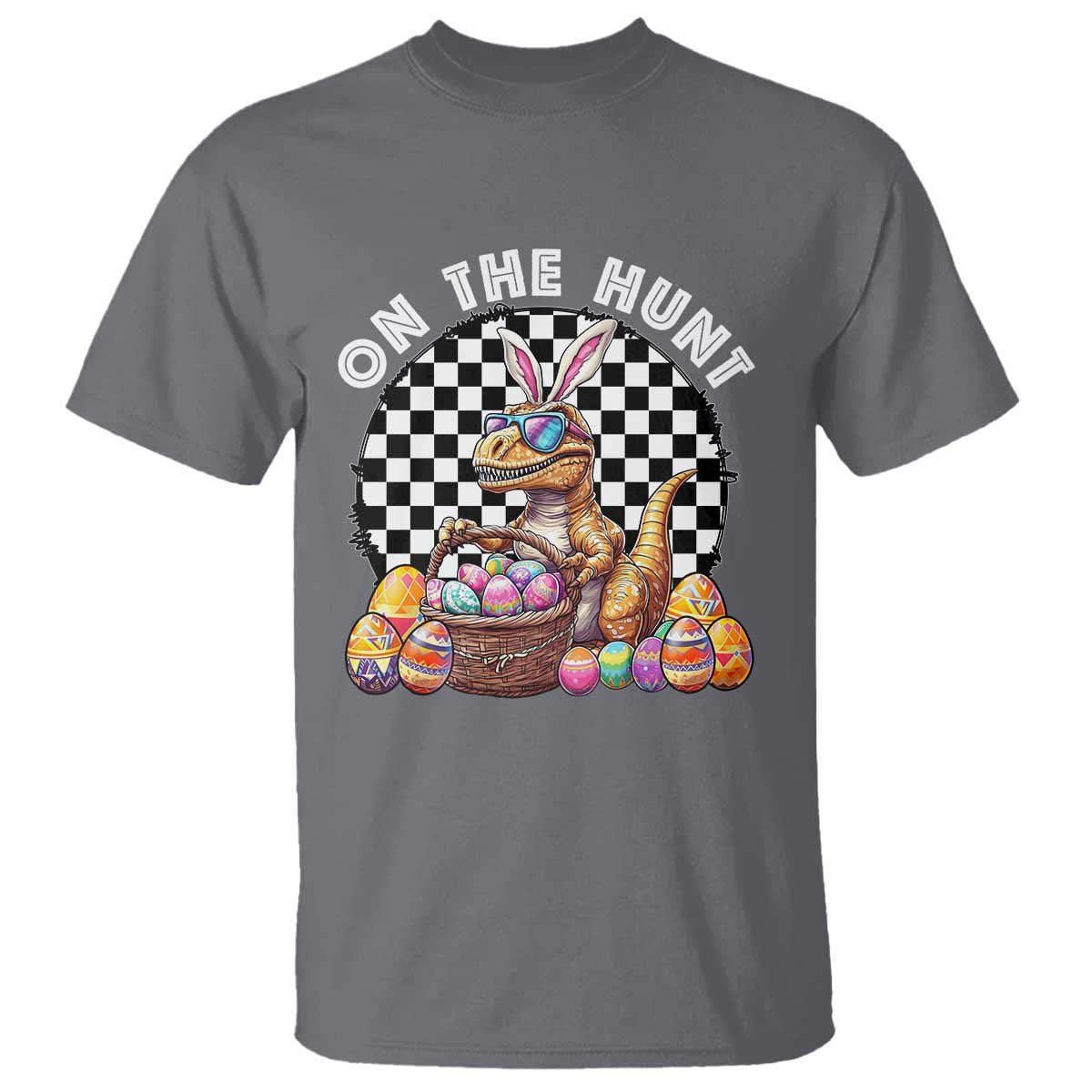 Funny Easter Day Dinosaur Bunny T Shirt On The Hunt Egg Hunting TS11 Charcoal Print Your Wear