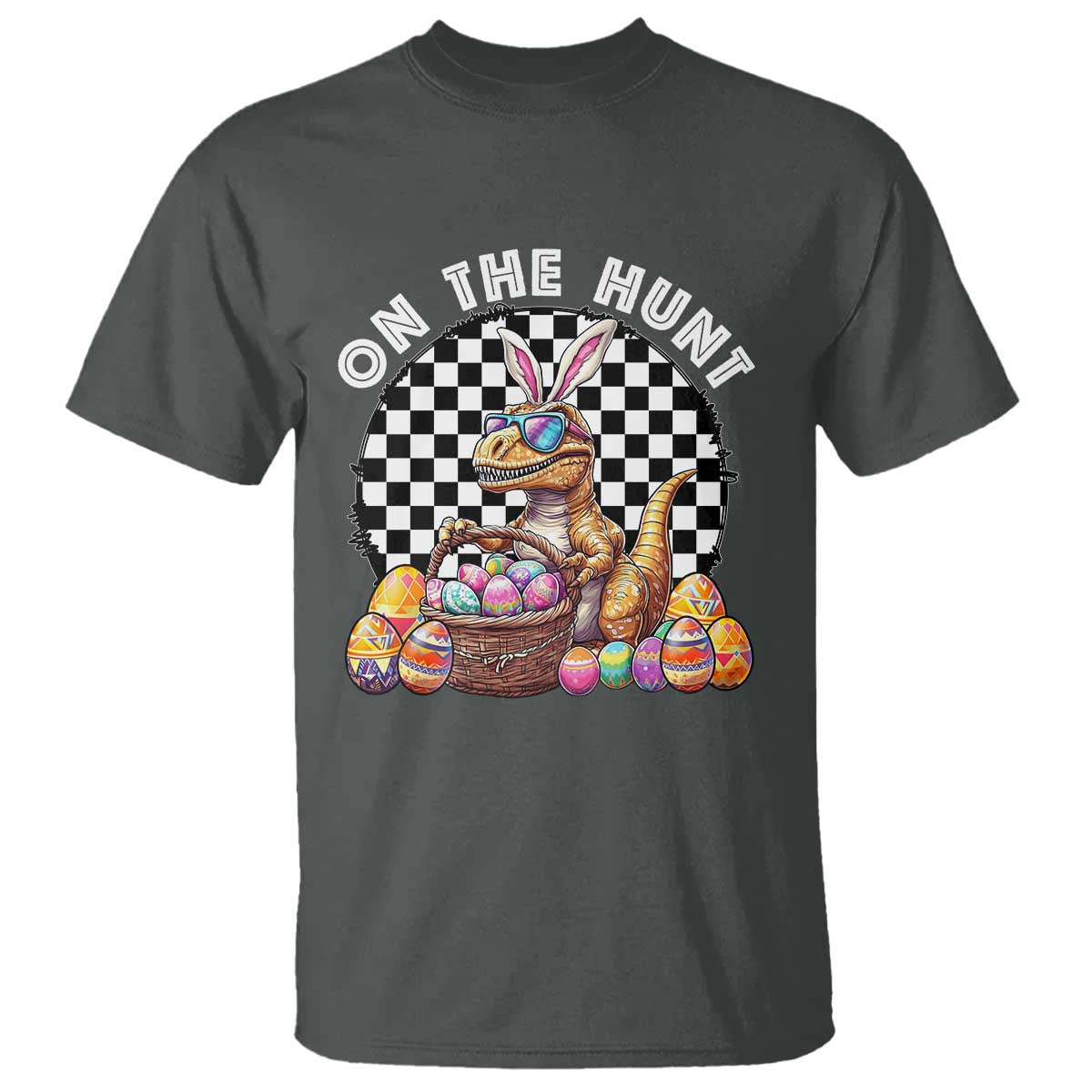 Funny Easter Day Dinosaur Bunny T Shirt On The Hunt Egg Hunting TS11 Dark Heather Print Your Wear