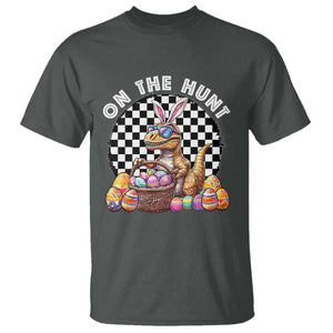 Funny Easter Day Dinosaur Bunny T Shirt On The Hunt Egg Hunting TS11 Dark Heather Print Your Wear