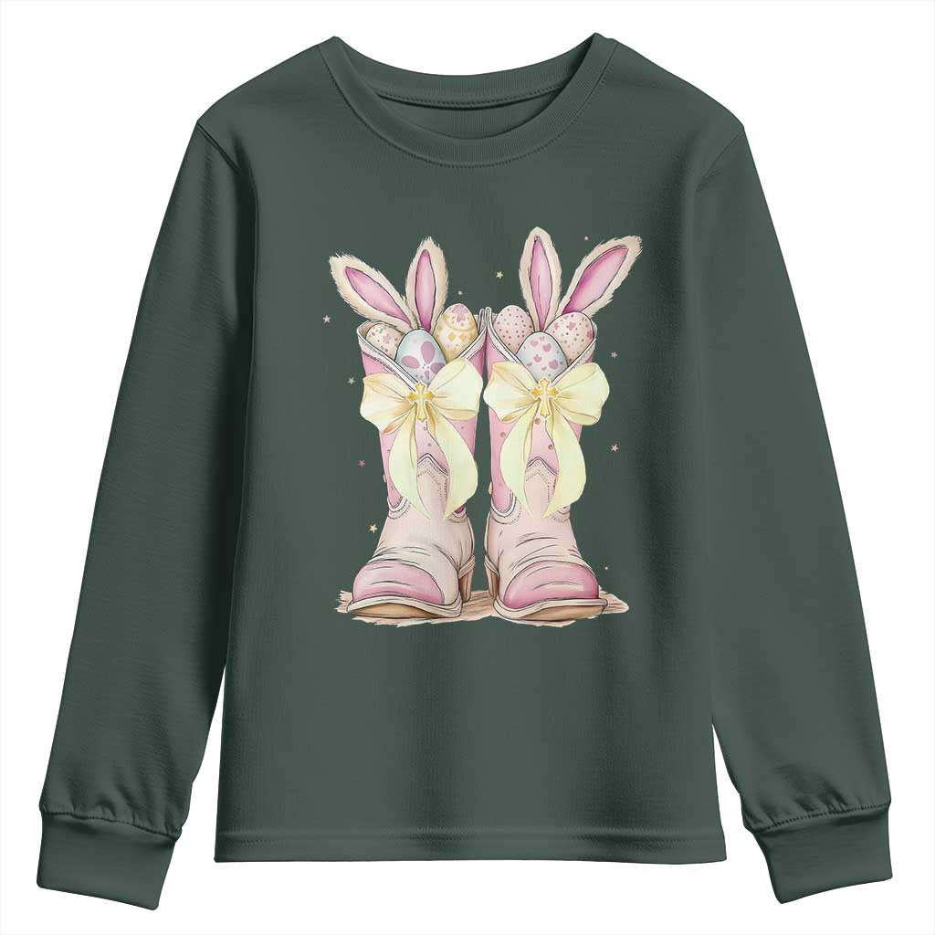 Funny Easter Day Cowgirl Egg Cowboy Boots Youth Sweatshirt TS11 Dark Forest Green Print Your Wear