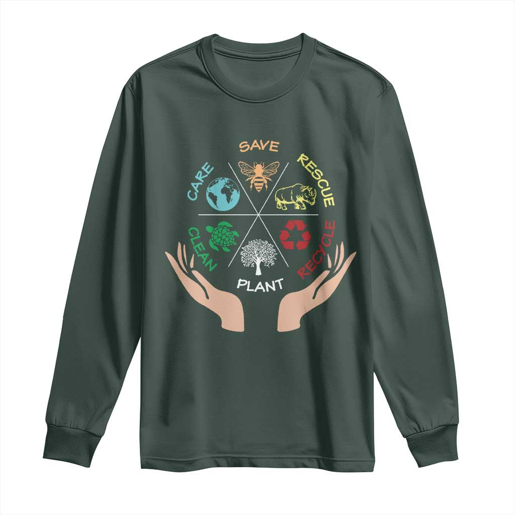Save Bees Rescue Animals Recycle Plastic Plant Tree Long Sleeve Shirt Earth Day TS11 Dark Forest Green Print Your Wear