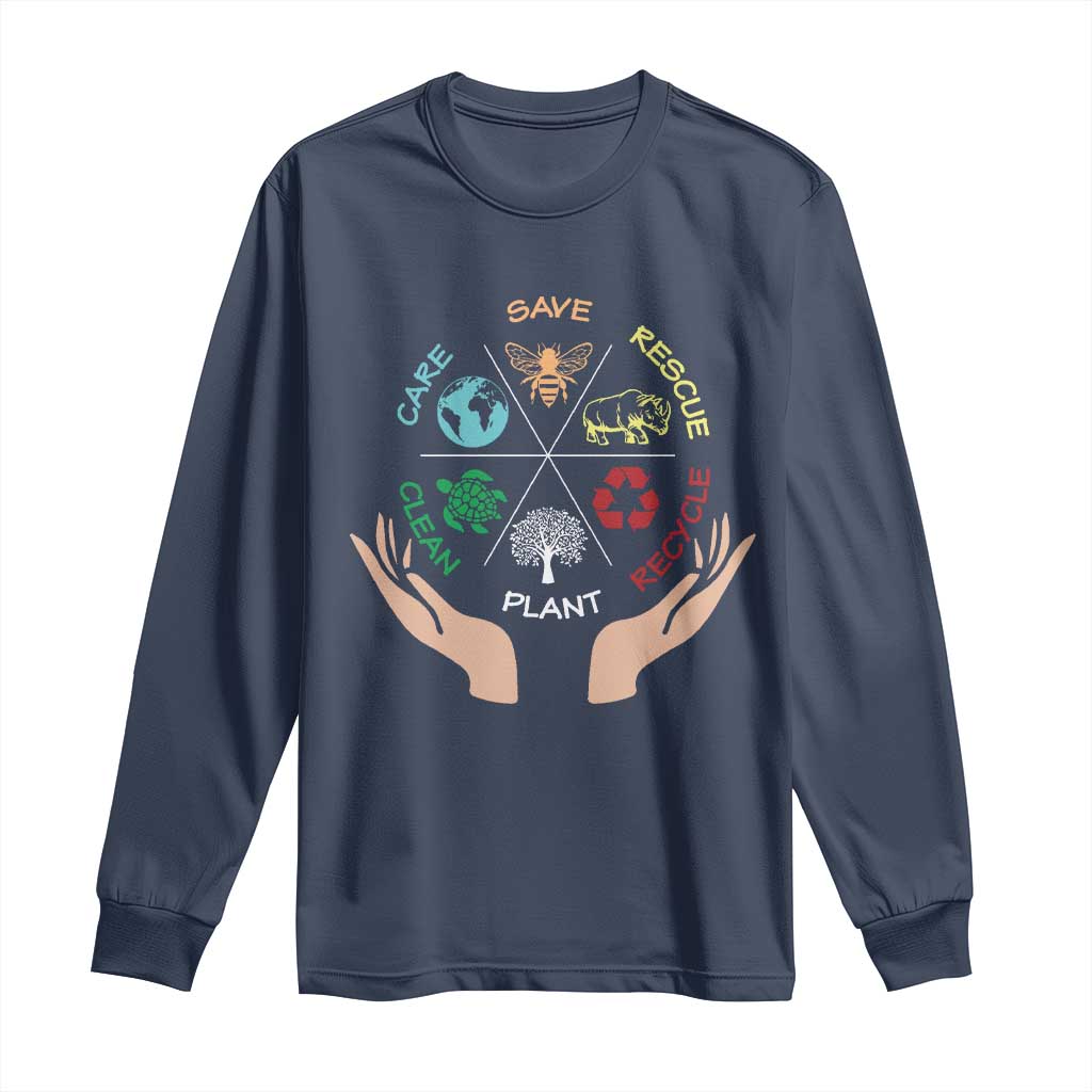 Save Bees Rescue Animals Recycle Plastic Plant Tree Long Sleeve Shirt Earth Day TS11 Navy Print Your Wear