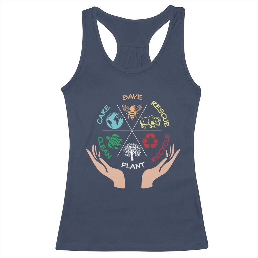 Save Bees Rescue Animals Recycle Plastic Plant Tree Racerback Tank Top Earth Day TS11 Navy Print Your Wear