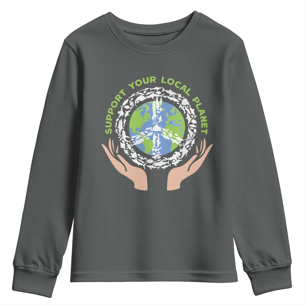 Earth Day Support Your Local Planet Youth Sweatshirt Peace Sign Animals TS11 Dark Heather Print Your Wear