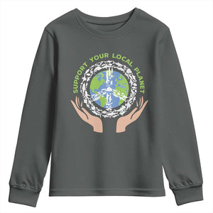 Earth Day Support Your Local Planet Youth Sweatshirt Peace Sign Animals TS11 Dark Heather Print Your Wear