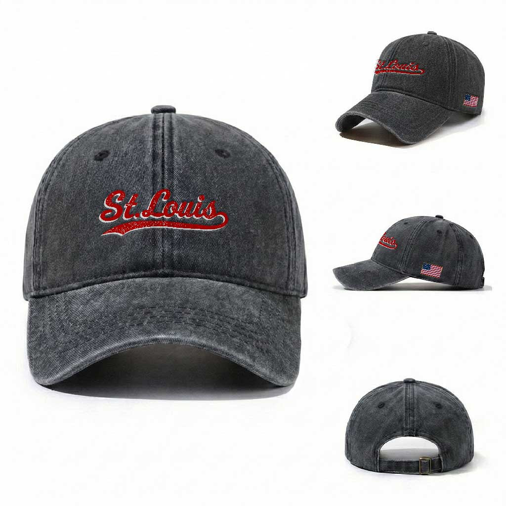 St Louis Sports Script Retro Baseball Lovers Proud City Washed Cotton Baseball Cap TS11 Washed Cap Universal Fit Dark Gray Print Your Wear