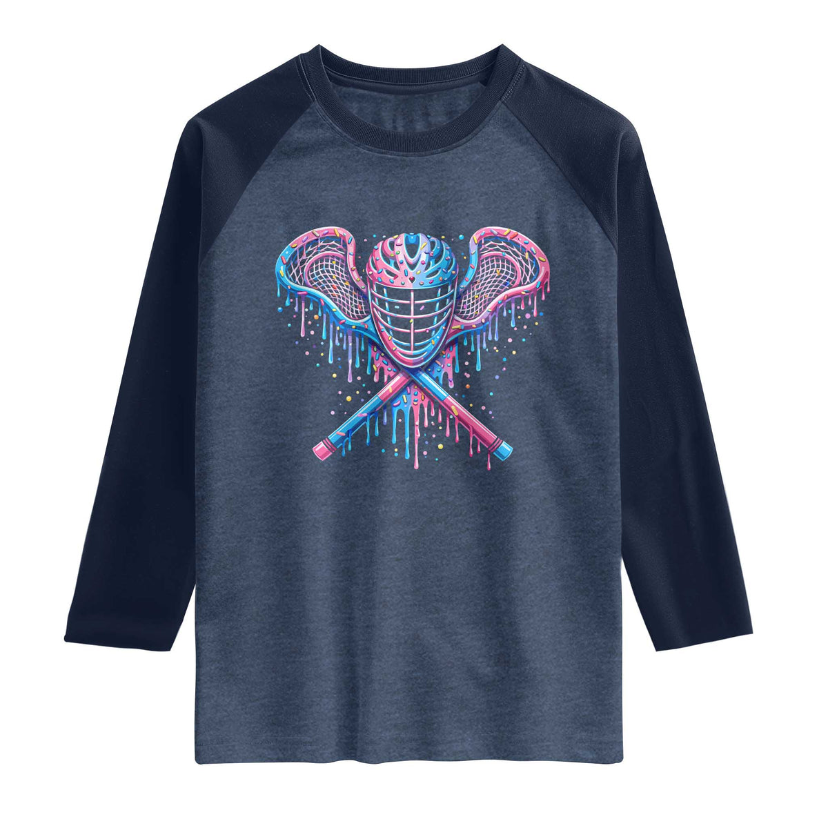 Lacrosse Drip Ice Cream Lax Helmet Sticks Sport Player Raglan Shirt TS11 Heather Denim Navy Print Your Wear