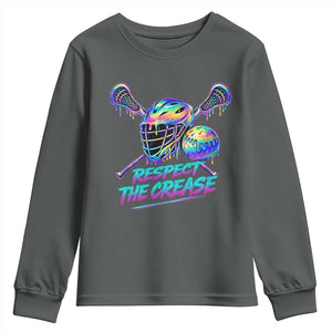 Respect The Crease Lacrosse Drip Youth Sweatshirt Funny Lax Goalie TS11 Dark Heather Print Your Wear