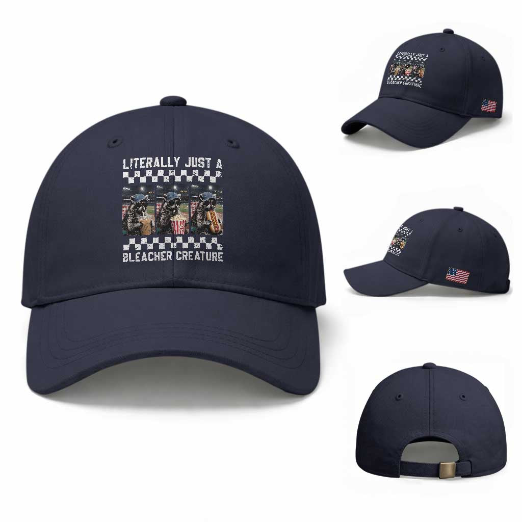 Baseball Raccoon Literally Just a Bleacher Creature Baseball Cap Funny Trash Panda At Ballfield TS11 Baseball Cap Universal Fit Navy Print Your Wear